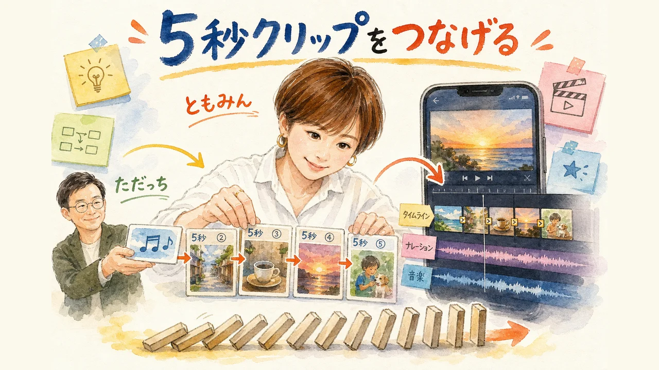 5秒クリップを連結して音声を足しPVに仕上げる流れの図解