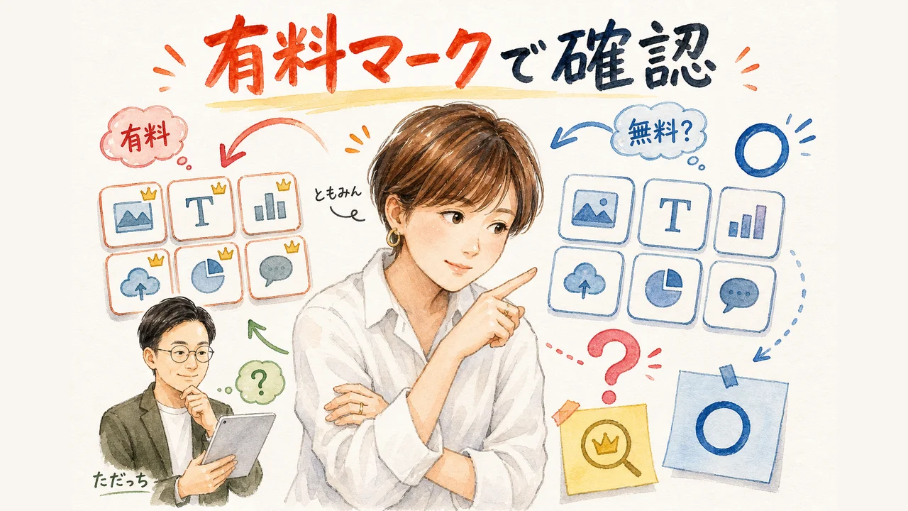 有料マークの有無で無料利用可否を推測する場面の図解