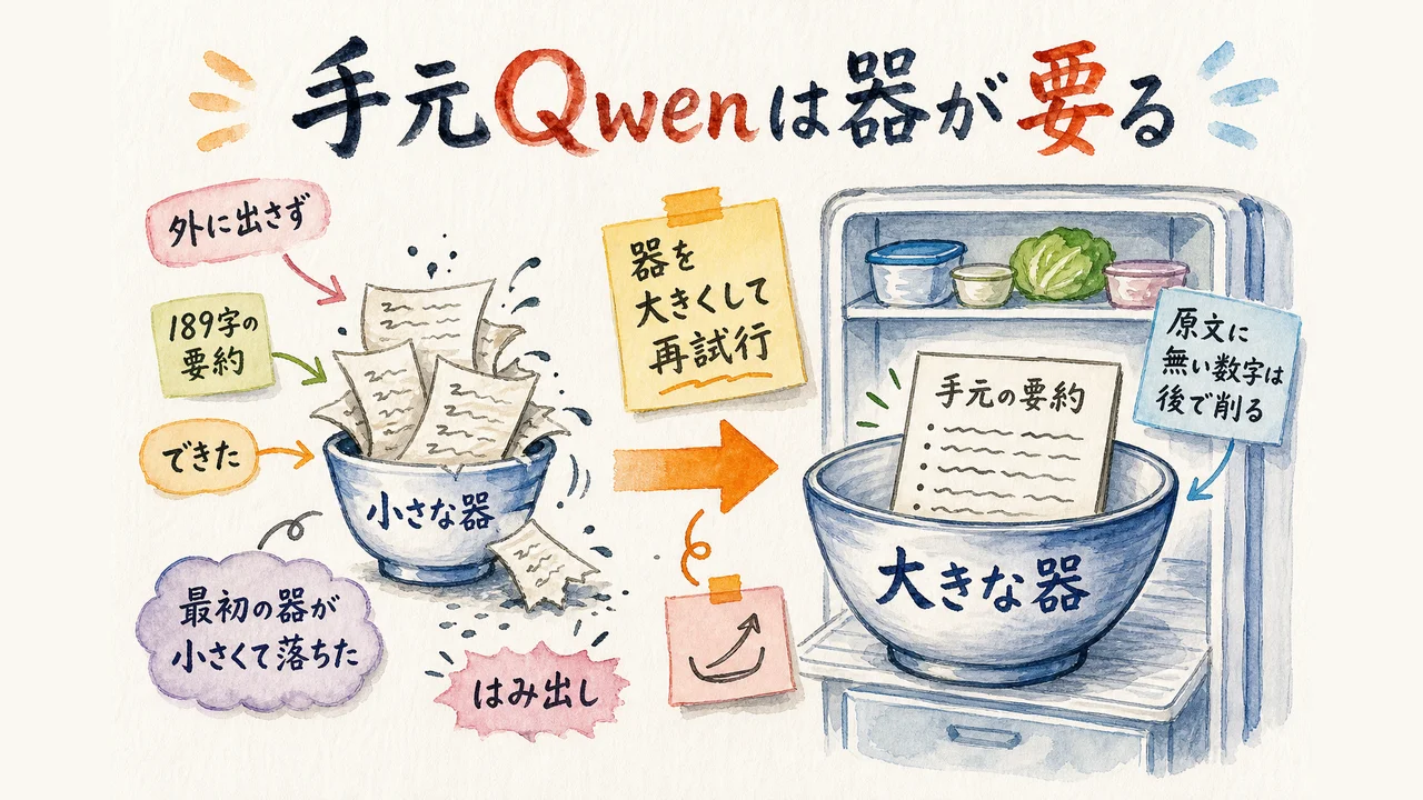 手元のQwen：要約はできた。最初は器が小さすぎた