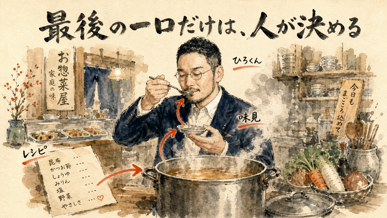 実家の惣菜屋の寸胴の前で味見するひろくんのコラム図解