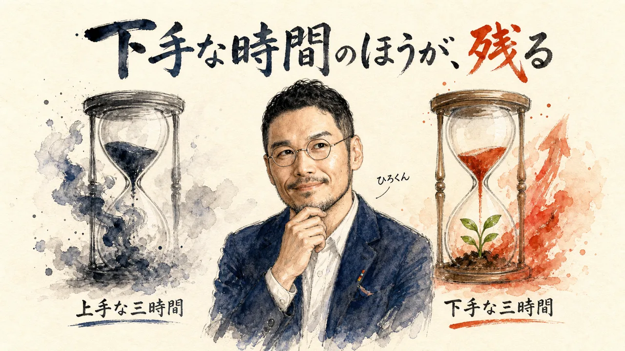 実家の惣菜屋の寸胴の前で味見するひろくんのコラム図解