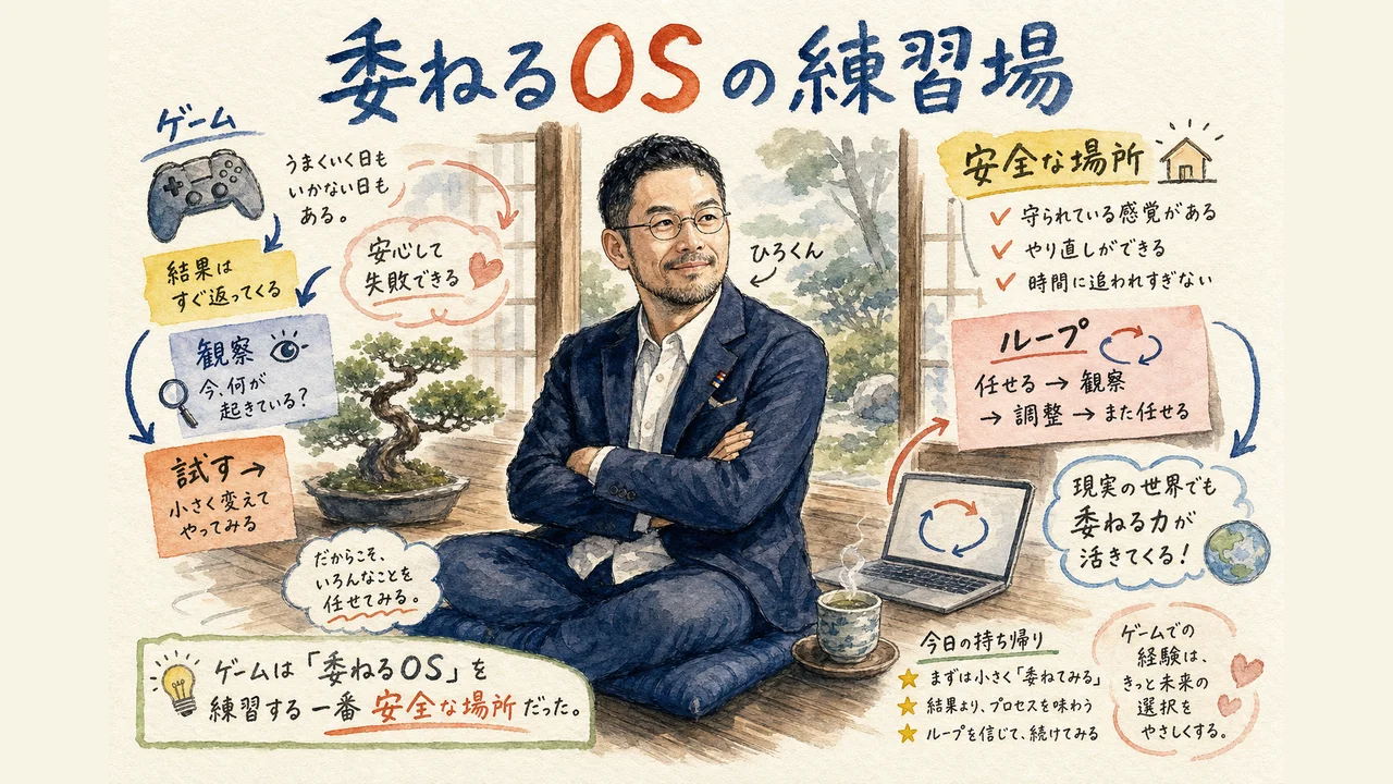 ゲーム作りが委ねるOSを練習する安全な場所であることを表したひろくんコラム図解