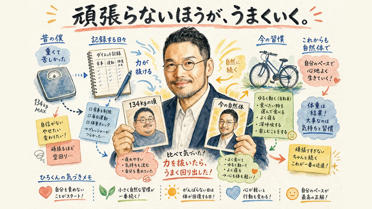 頑張るほど太り頑張らないほうが痩せたというひろくんのパラドックスを描いた和モダングラレコ