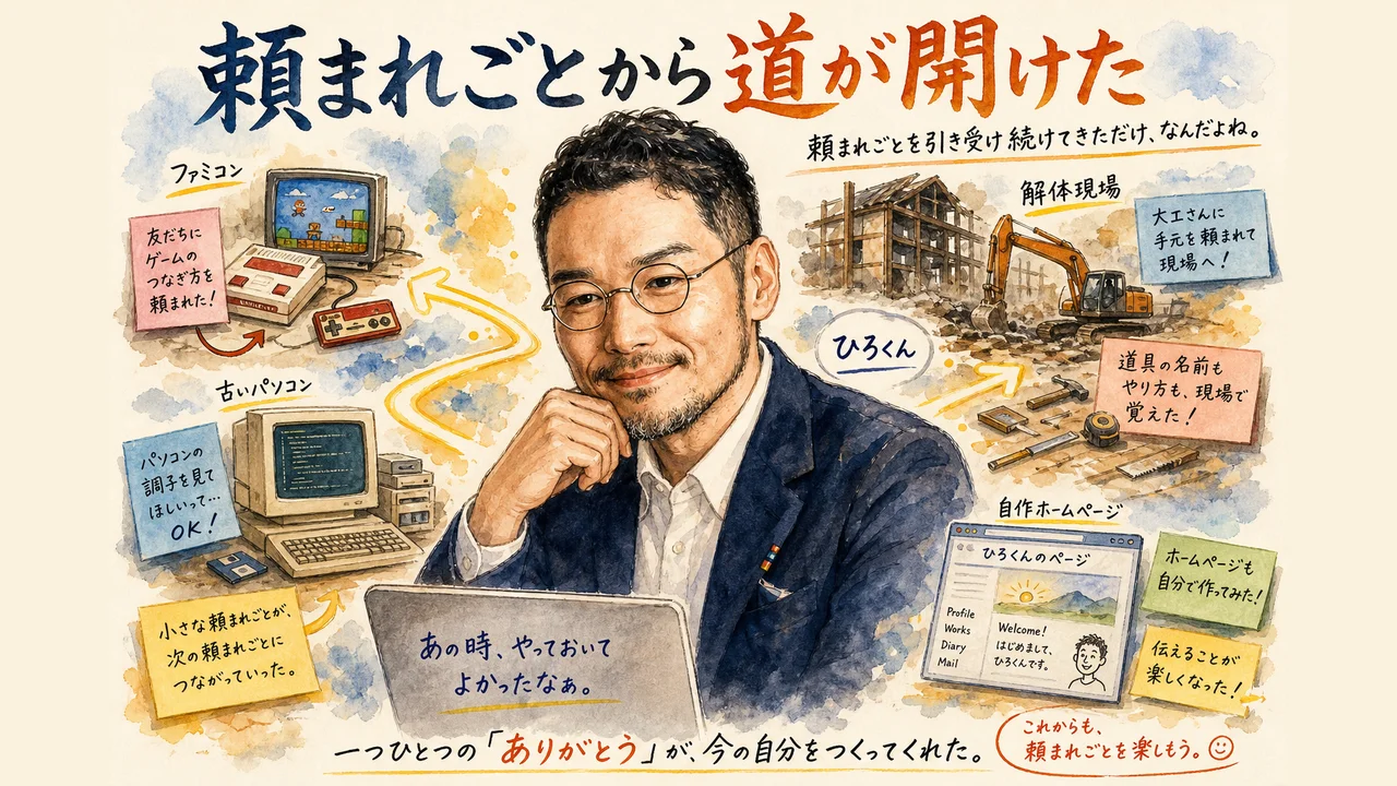 頼まれごとを引き受け続けたら道が開けたというひろくんの原点エピソードを描いた和モダングラレコ