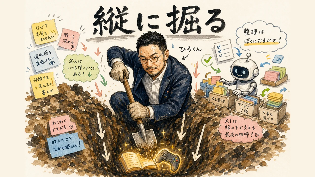縦に掘るのをやめた瞬間ただのAIコンテンツになるというひろくんコラムの図解