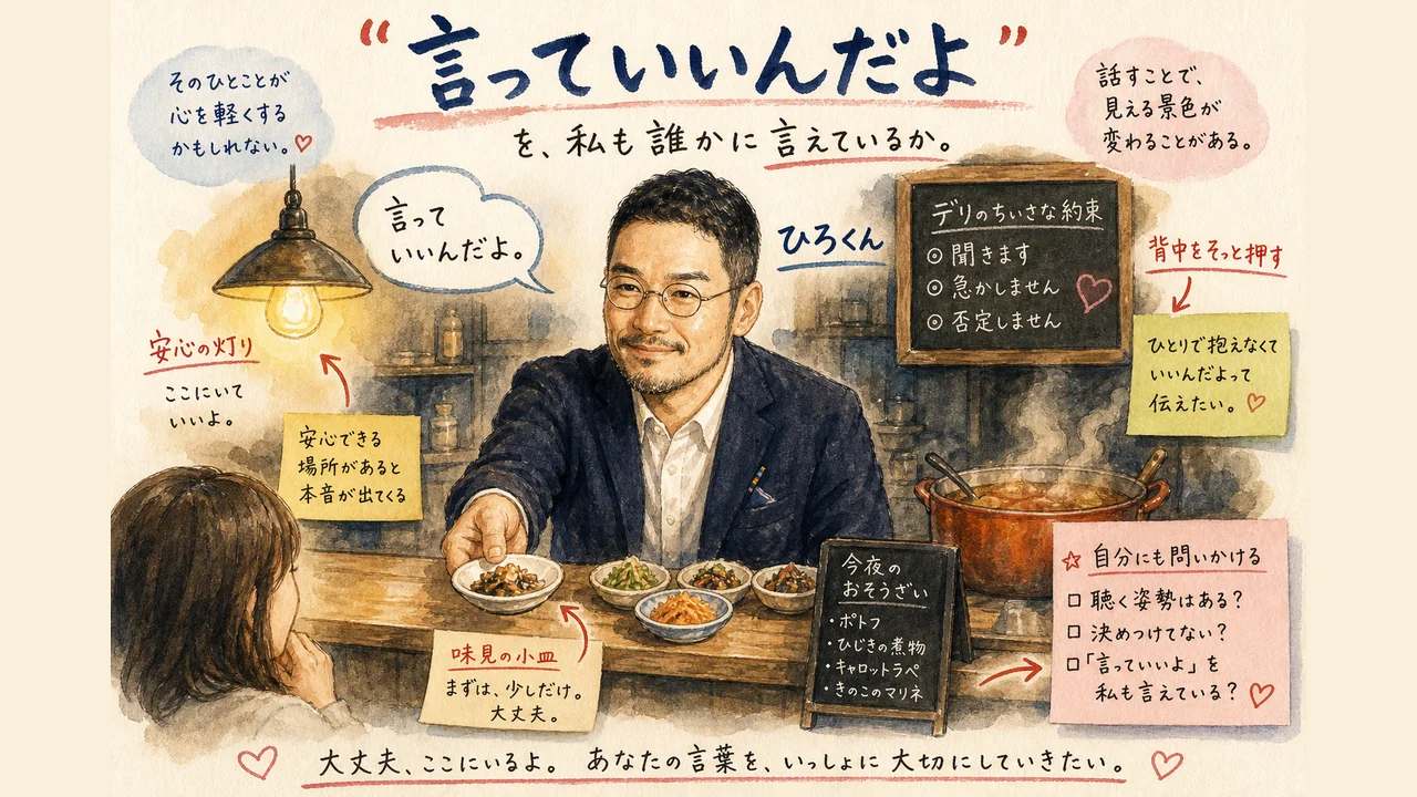 「言っていいんだよ」を、私も誰かに言えているか──聞きます・急かしません・否定しませんの約束を掲げたひろくんの図解イラスト