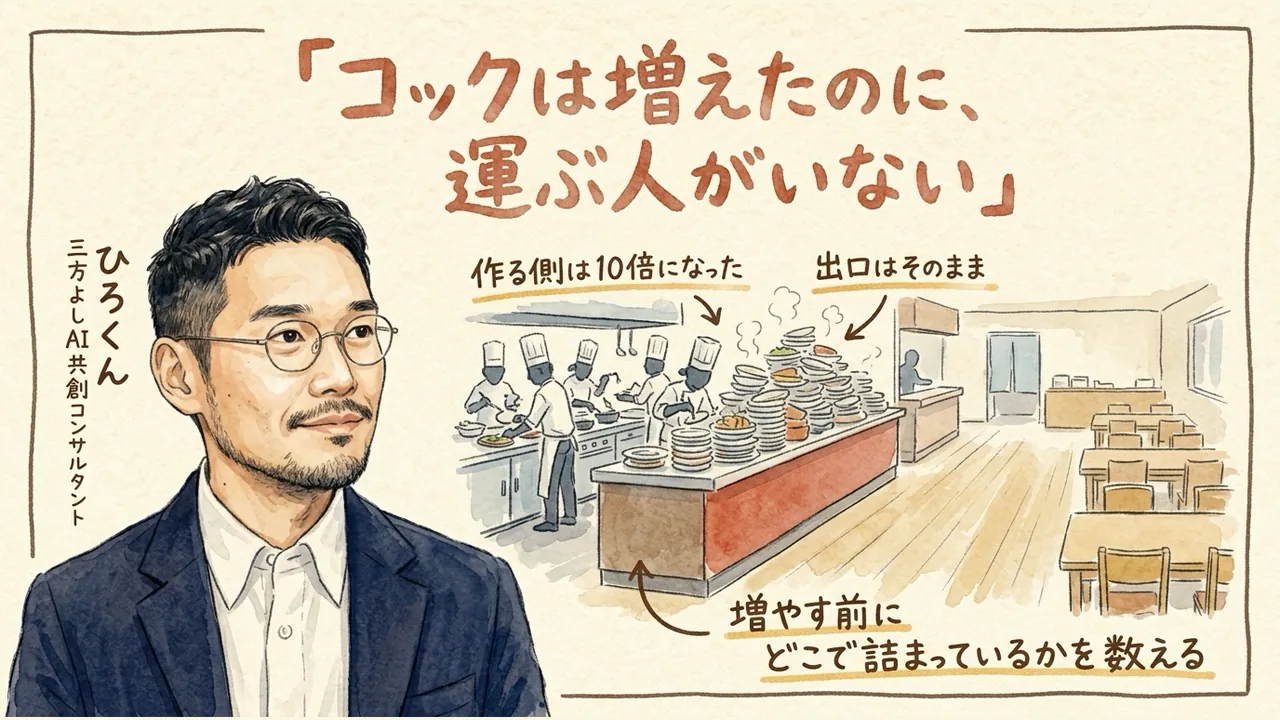 厨房のコックは増えたのにホールに運ぶ人がいない、出口不足の料理メタファー図解