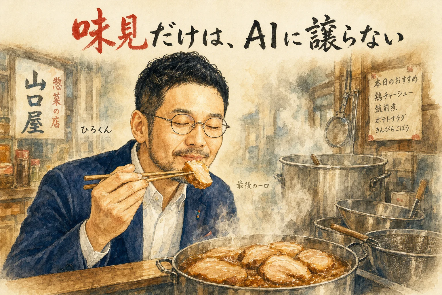 実家の惣菜屋「山口屋」でひろくんが鶏チャーシューを味見している情景イラスト