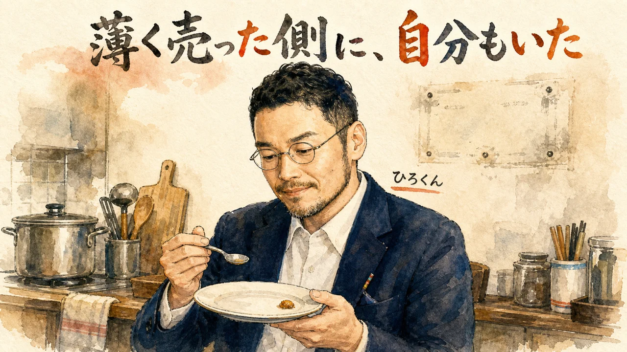 看板を外した厨房で一口を残すひろくんのコラム図解