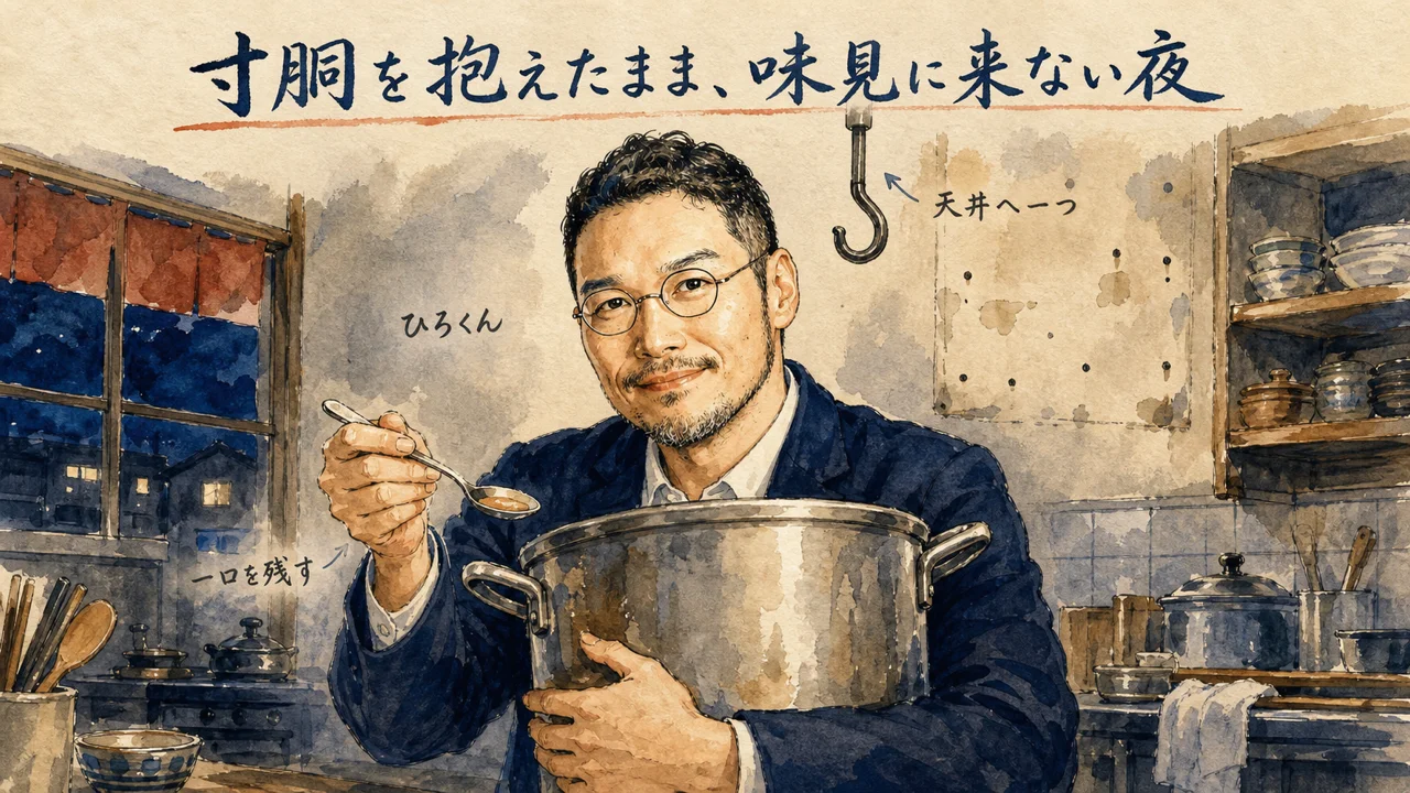 寸胴を抱えつつ一口を残すひろくんのコラム図解