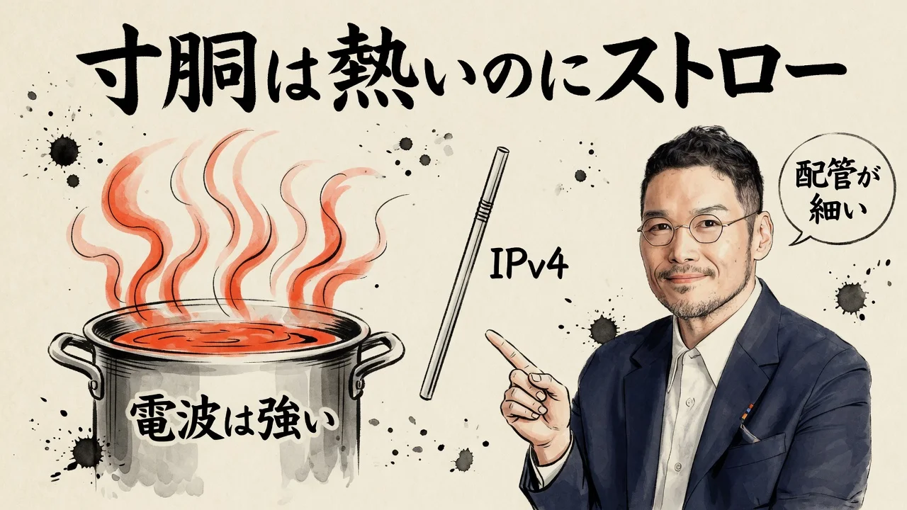 寸胴は熱いのにストロー。電波は強いがIPv4の配管が細い図解