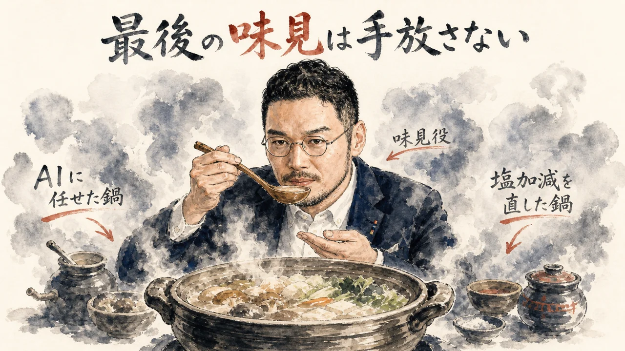 湯気の立つ鍋を味見するひろくん——コラム図解