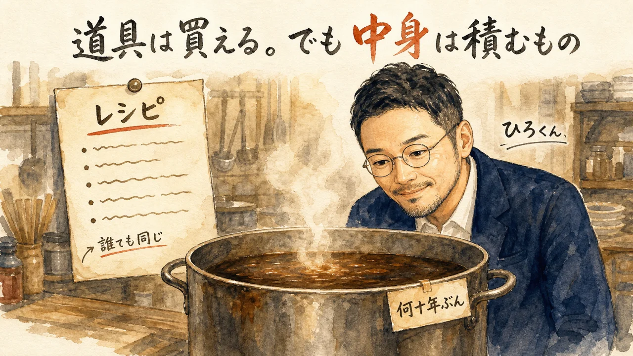 レシピは配れても寸胴の中身は配れない。惣菜屋の厨房でひろくんが鍋をのぞきこむ図解