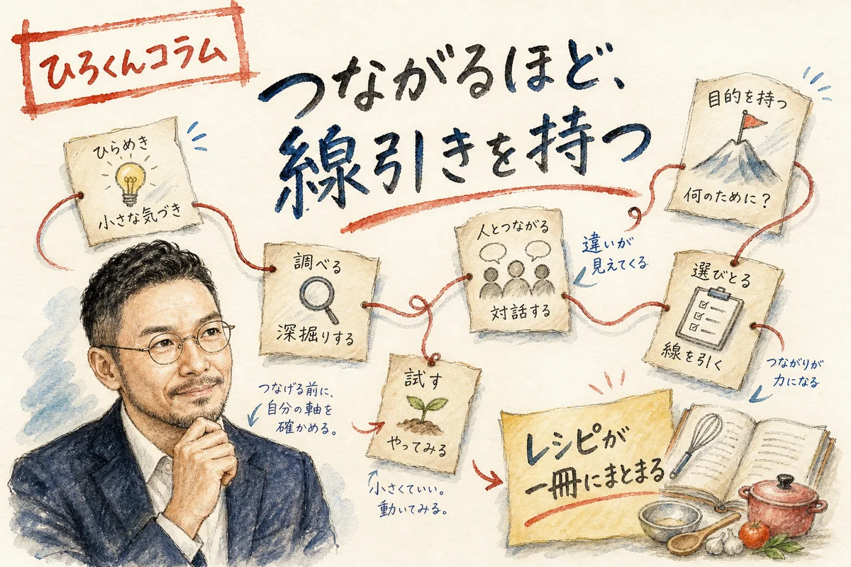 バラバラのメモが1本の線でつながっていくイメージ図解