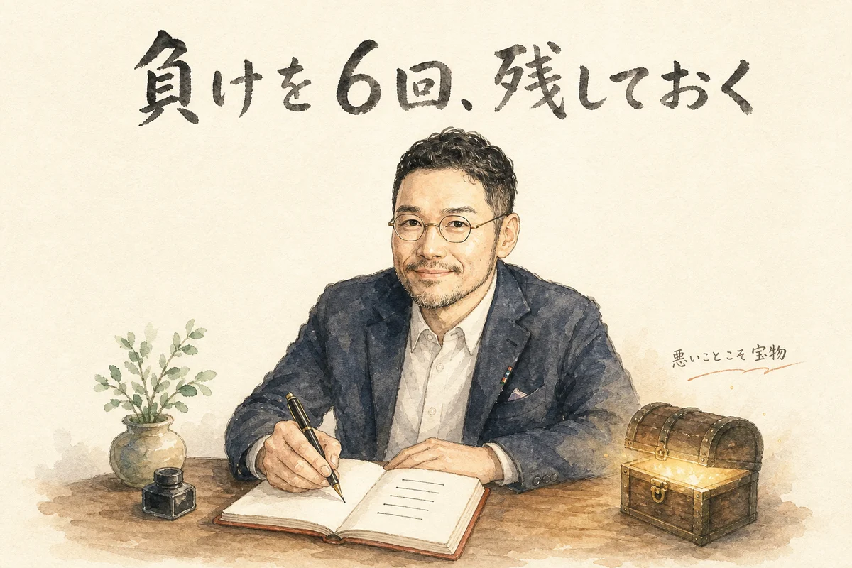 ノートに6回分の負けを書き残すひろくんと、光る宝箱