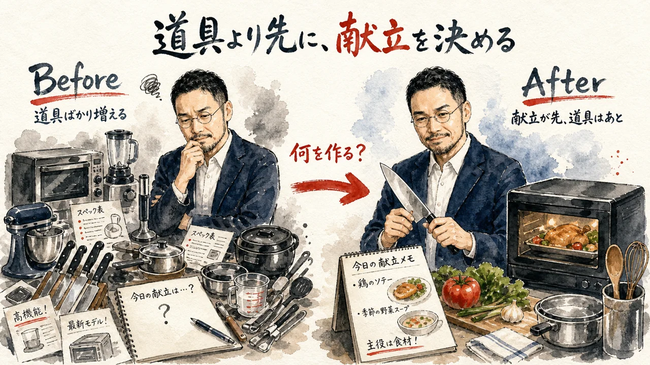 道具を増やす前に献立（目的）を決める大切さを厨房で示す図解