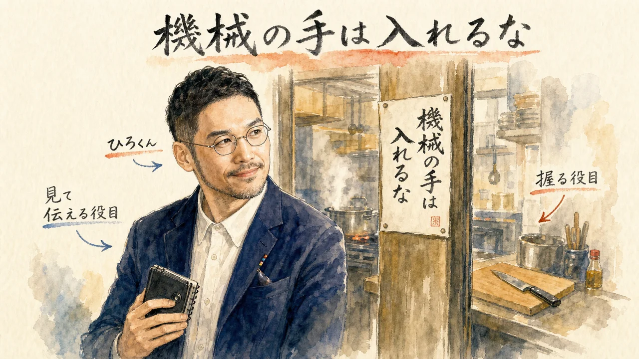 機械の手は入れるなの貼り紙がある厨房でひろくんが見て伝える役目に徹する図解