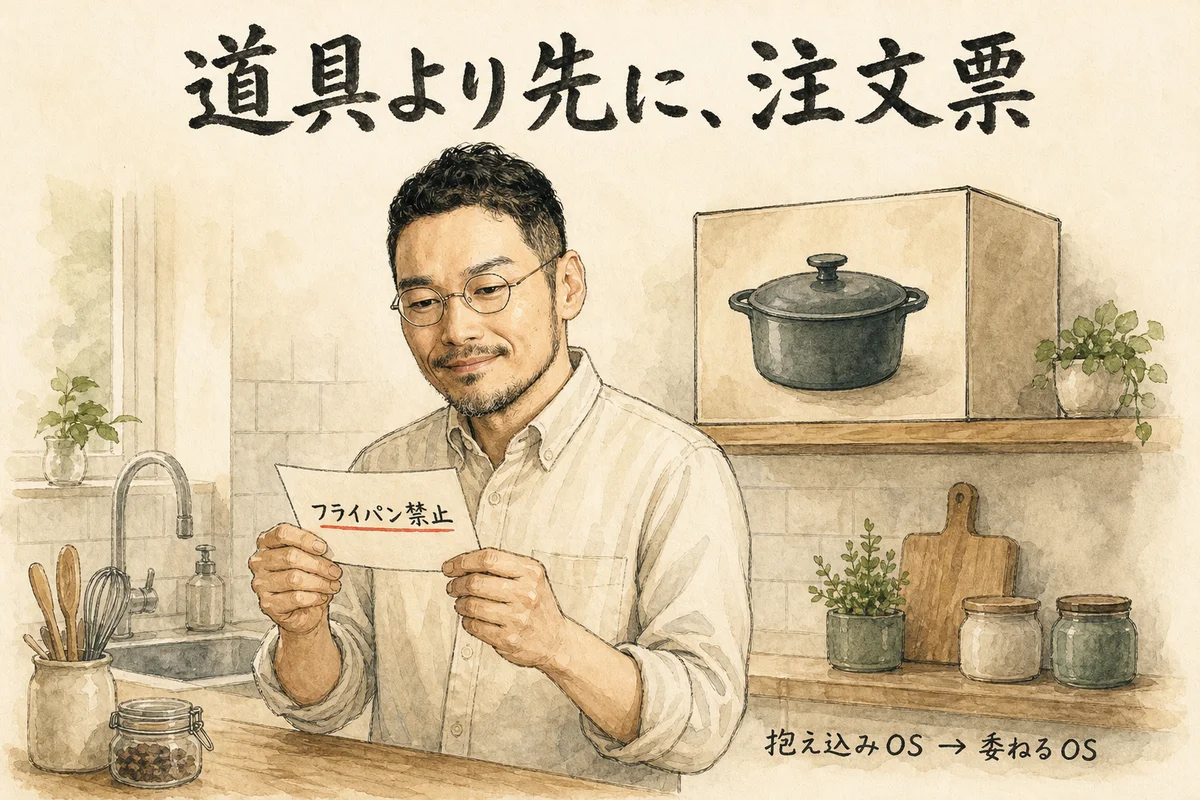 台所のカウンターで注文票を読み返す男性の水彩イラスト。棚には新しい鍋が箱のまま置かれている