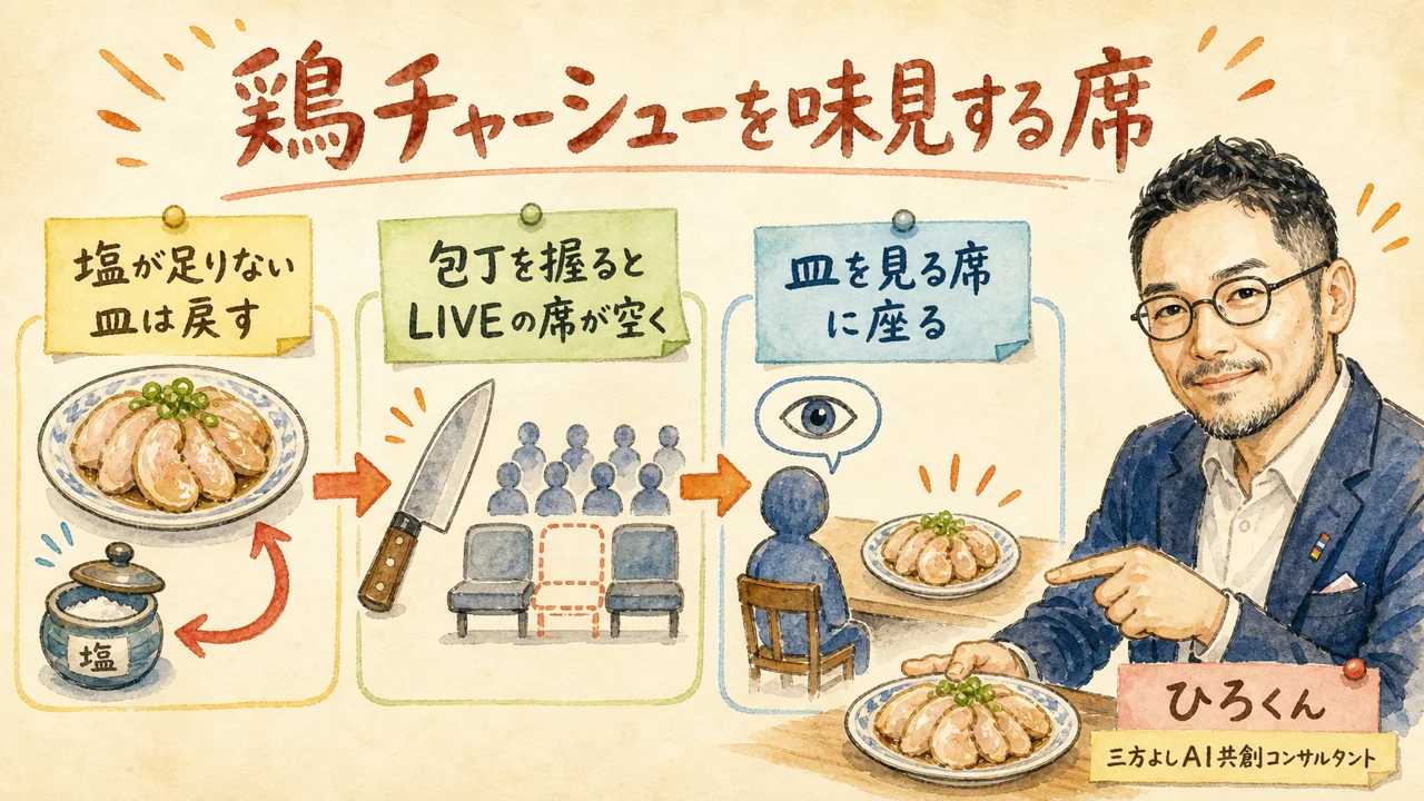 鶏チャーシューを味見する席