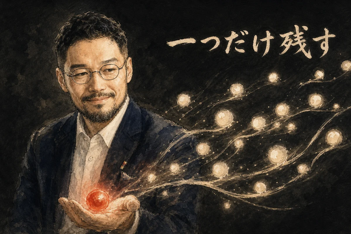 ひろくんが多くの光る玉のうち一つだけを手のひらで見守っているイラスト・全部委ねる中で一つだけ例外を残すというコラムの図解