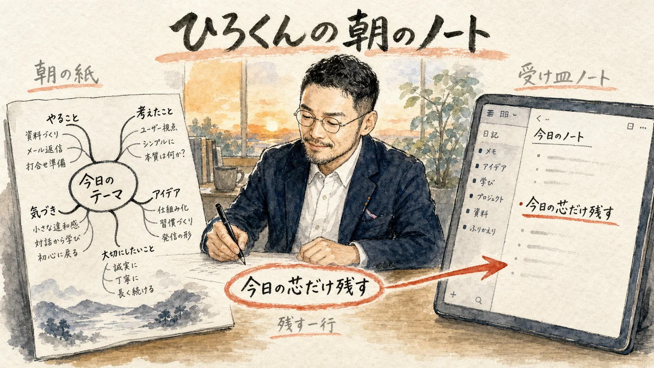 ひろくんの朝のノート:紙のマインドマップから受け皿ノートへ、一行を運ぶ
