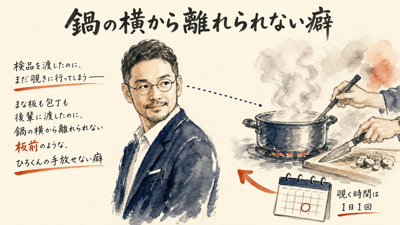 検品を渡したのに、まだ覗きに行ってしまうひろくんの癖を示す図解