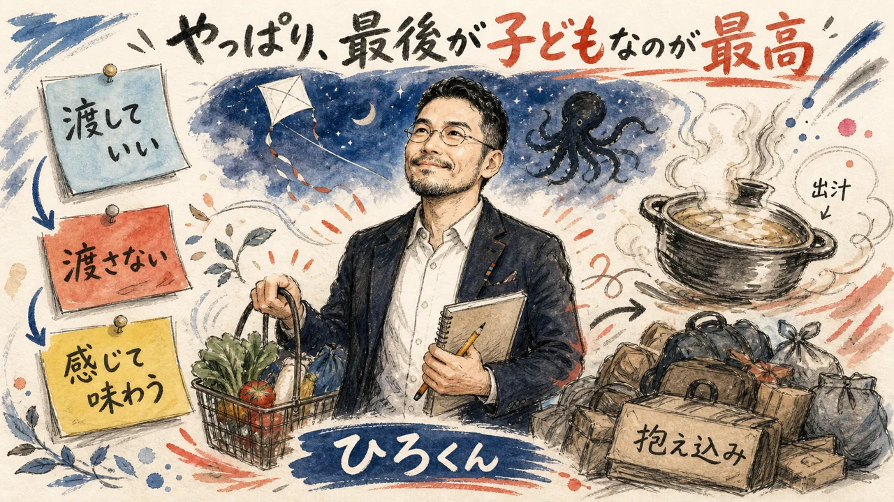 背負っていた抱え込みの荷物を下ろし、買い物かごと紙のノートを持って夜空を見上げるひろくん。脇に出汁の鍋、左に『渡していい／渡さない／感じて味わう』の付箋が並ぶ図