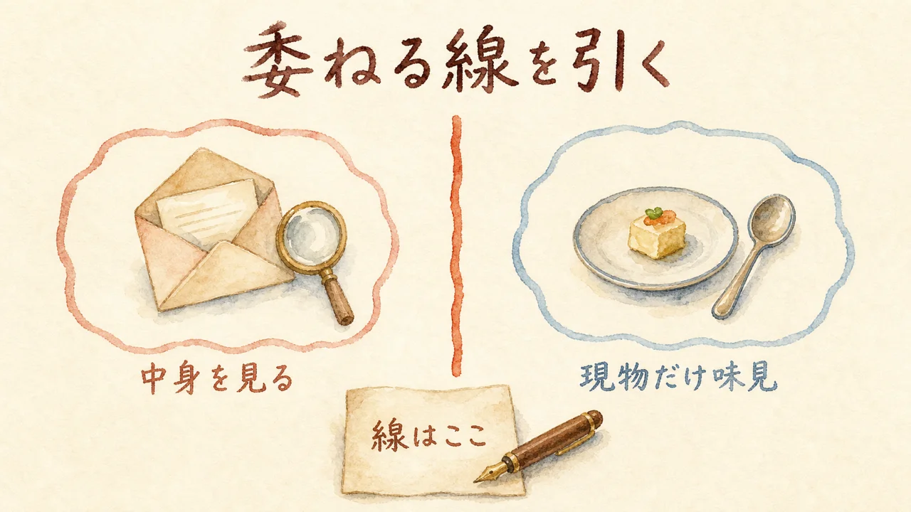 委ねる線を引く図解。線の左に中身を見る領域、右に現物だけ味見する領域