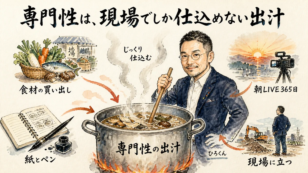 専門性は現場でしか仕込めない出汁——ひろくんコラム図解