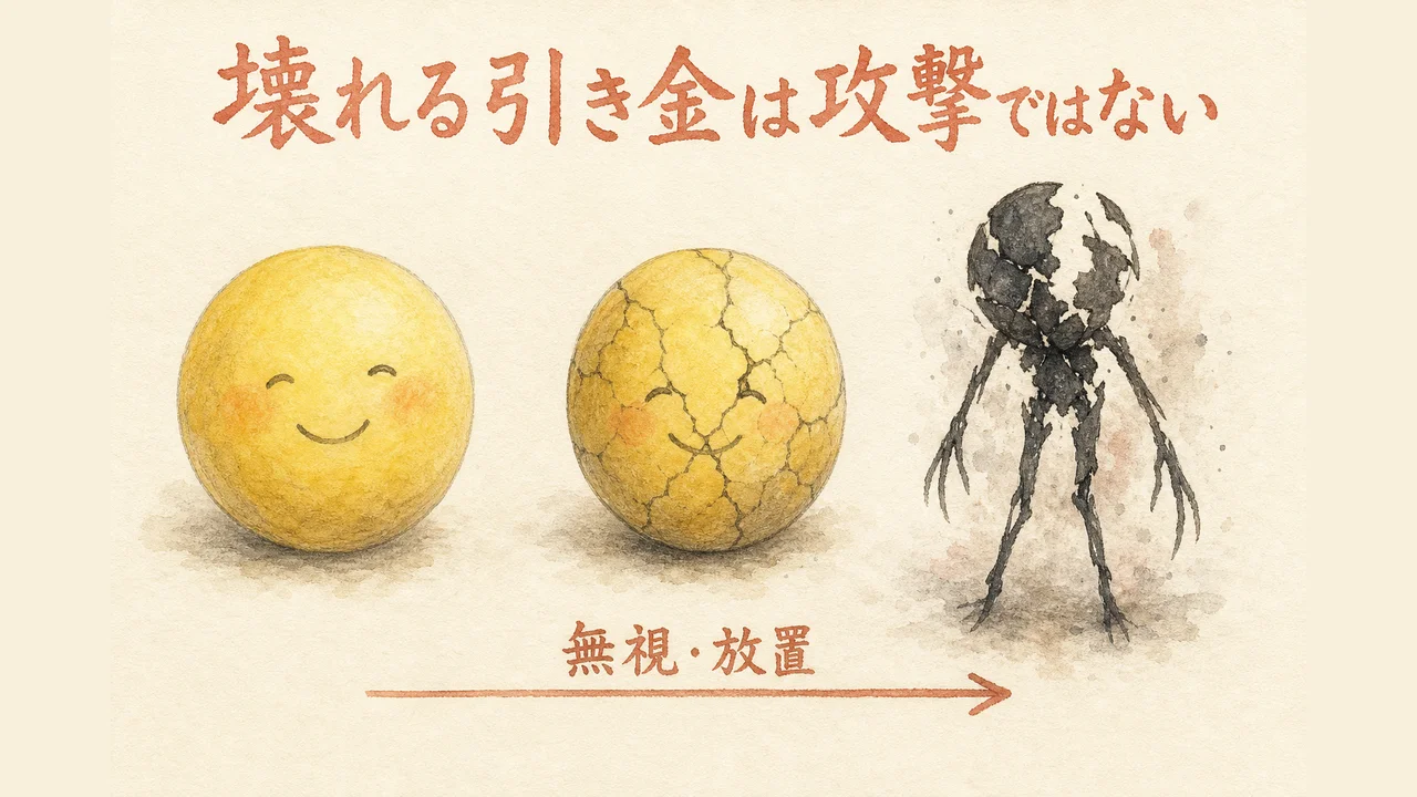 黄色い球体が段階的にひび割れて黒い影へ変わっていく水彩イラスト