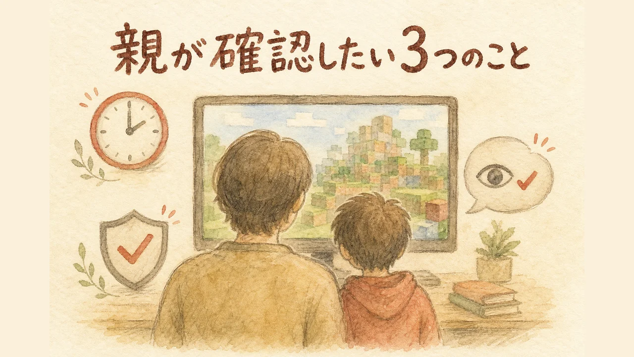 大人と子どもが一緒に画面をのぞき込む後ろ姿の水彩イラスト