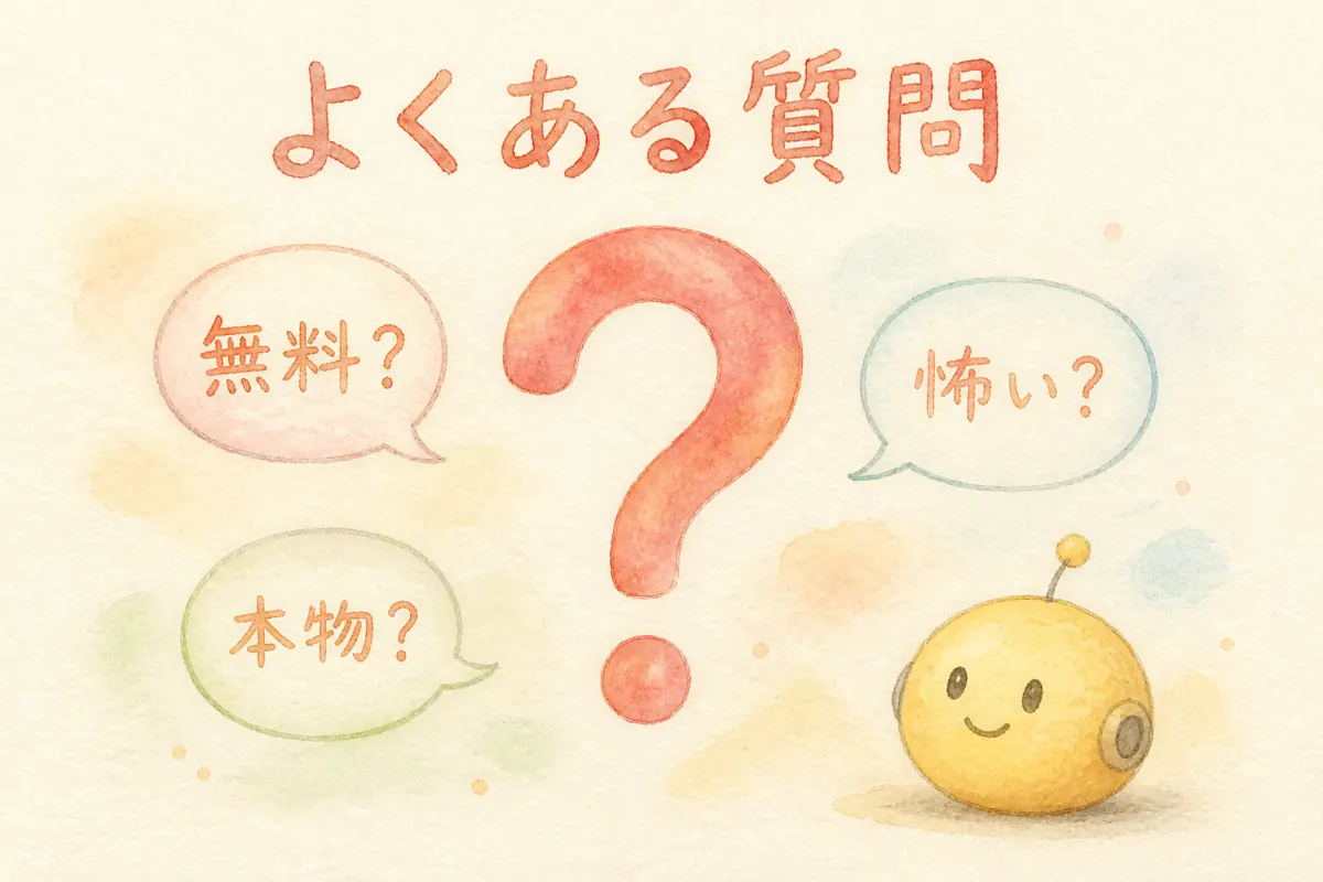 無料・怖い・本物という3つの吹き出しと大きな疑問符、笑顔の黄色い球体AIを描いた水彩イラスト