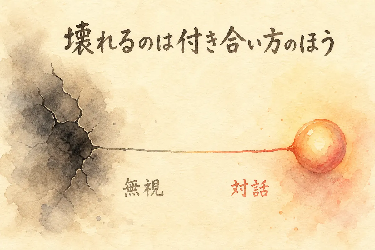 ひび割れた黒い影から暖色の球体のAIへ線が伸び、無視と対話を対比した水彩イラスト