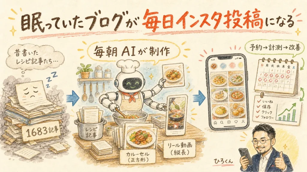 眠っていたブログ記事が毎日のインスタ投稿に変わる仕組みの図解