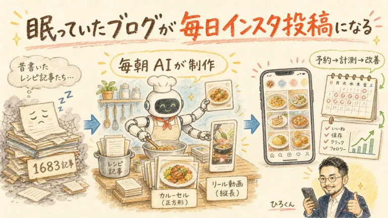 眠っていたブログ記事が毎日のインスタ投稿に変わる仕組みの図解