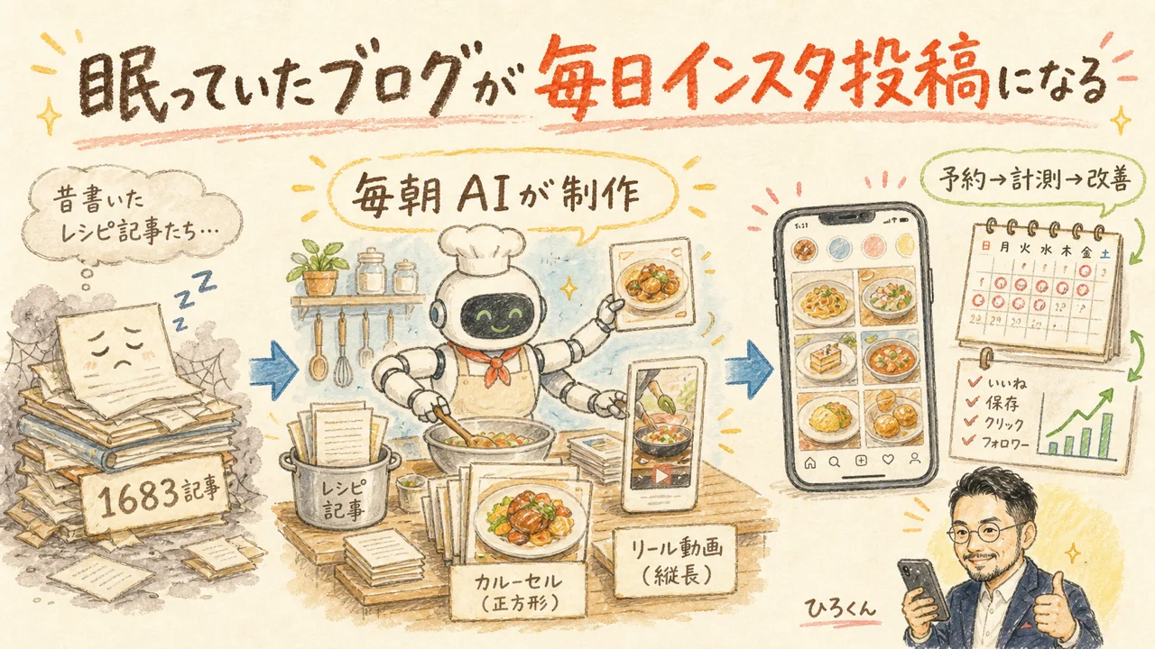 眠っていたブログ記事が毎日のインスタ投稿に変わる仕組みの図解
