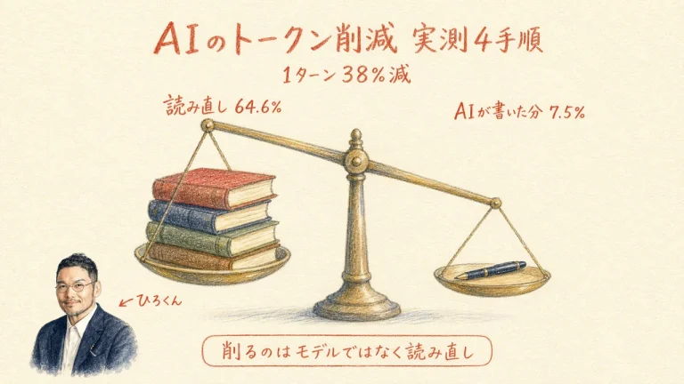 天秤の図。左に読み直し64.6%の本の山、右にAIが書いた分7.5%のペン。削るのはモデルではなく読み直し