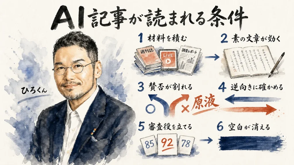 AI記事が読まれる条件の全体図。材料を積む・素の文章が効く・賛否が割れる・逆向きに確かめる・審査役を立てる・空白が消えるの6ステップ