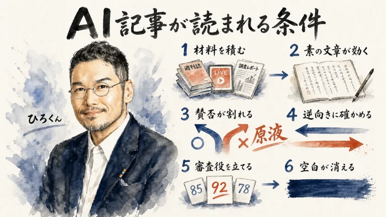 AI記事が読まれる条件の全体図。材料を積む・素の文章が効く・賛否が割れる・逆向きに確かめる・審査役を立てる・空白が消えるの6ステップ