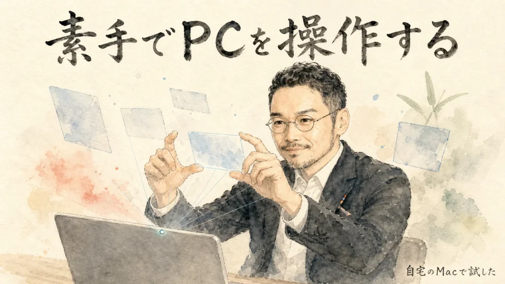 素手でPCを操作するひろくん。空中の半透明カードを指でつまんでいる