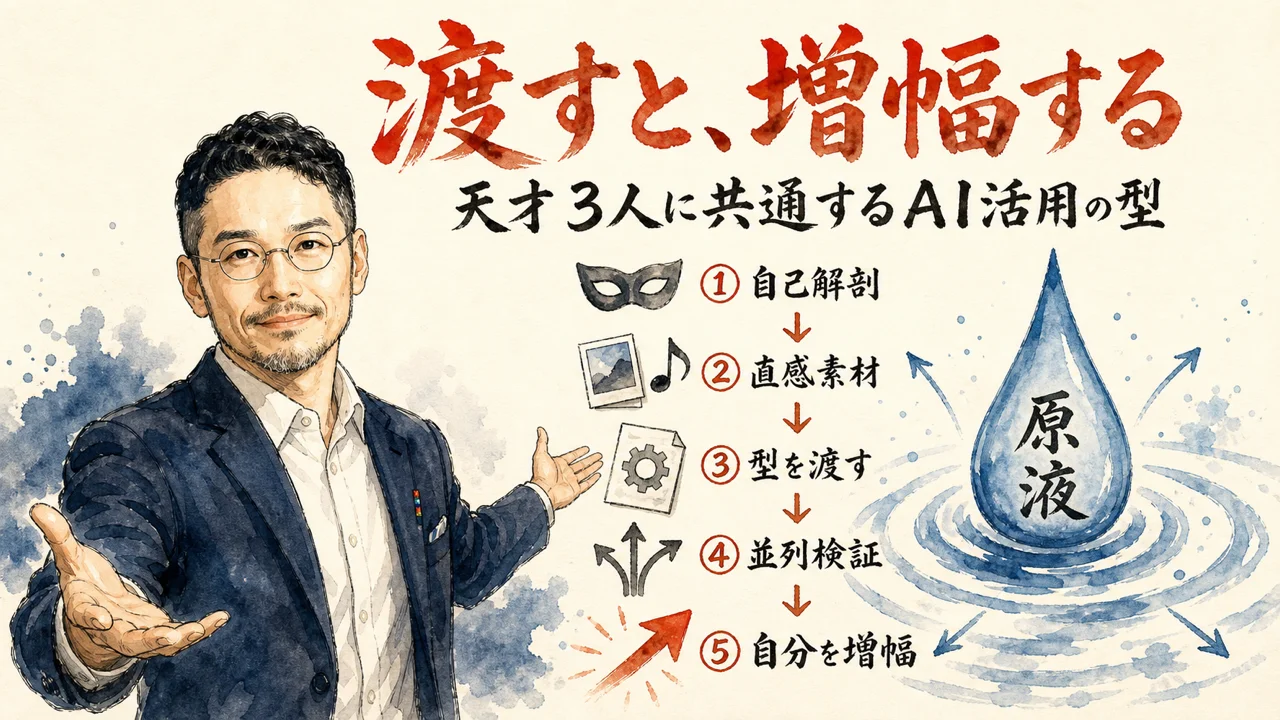 天才3人のAI活用術に共通する「自分の一部を移植する」型の図解