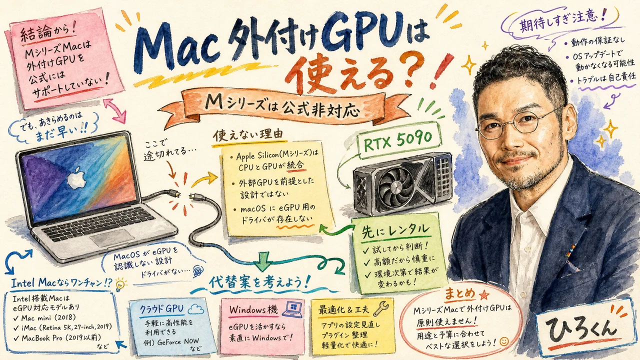 Mac外付けGPUの可否とRTX 5090の費用感を整理した結論の図解