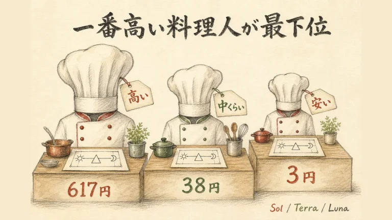 3人の料理人が並ぶ水彩イラスト。高い・中くらい・安いの値札と、足元に617円・38円・3円の札