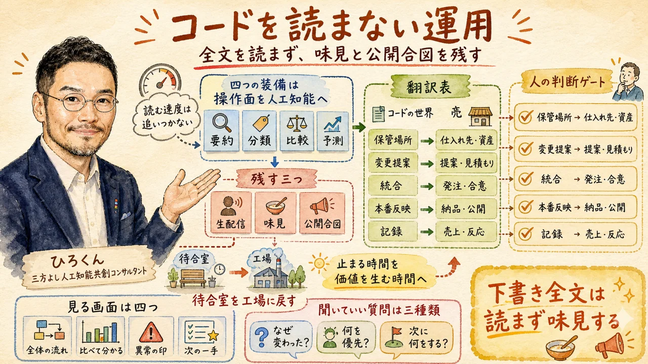 コードを読まない運用とは、下書き全文を読まず味見と公開GOを残すこと