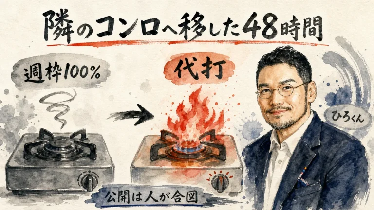 隣のコンロへ移した48時間。週枠100%の火の消えたコンロと、代打の火がついたコンロ。ひろくん