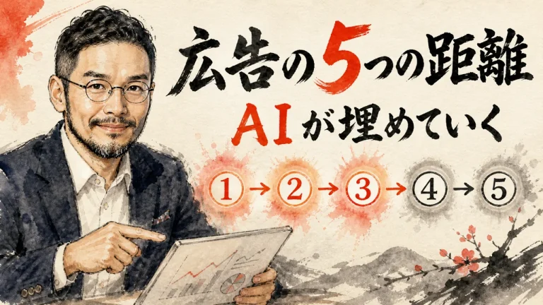 GML2026 広告の5つの距離をAIが埋めていく――ひろくんがタブレットを指差しながら解説する和風水彩イラスト