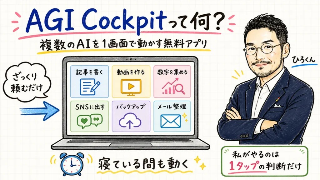 アイキャッチ｜AGI Cockpitって何？複数のAIを1画面で動かす無料アプリ。ざっくり頼むだけで記事・動画・数字集め・SNS・バックアップが動く