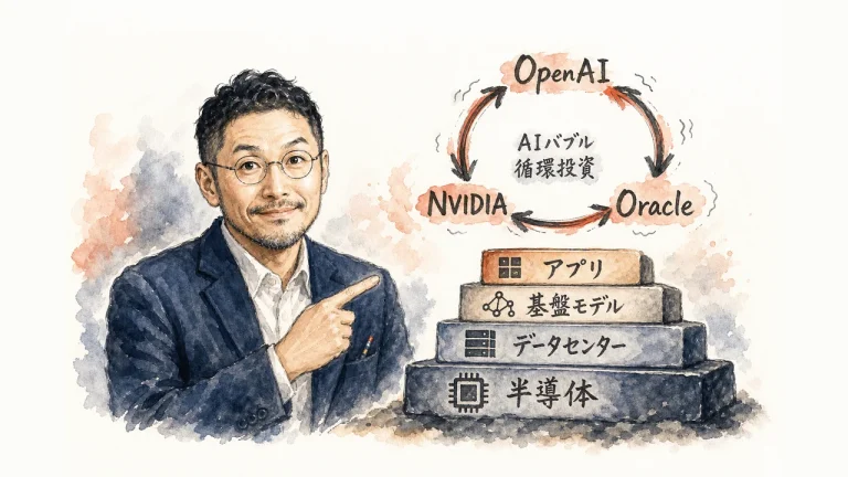 OpenAI・NVIDIA・Oracleの間を循環する投資の輪と、半導体からアプリまでの4層構造を指し示すひろくんの図解