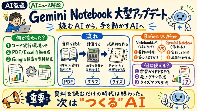 Gemini Notebook大型アップデートをグラレコ風まとめボードで解説した図解