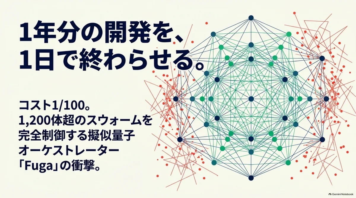 1年分の開発を、1日で終わらせる。コスト1/100。1,200体超のスウォームを完全制御する擬似量子オーケストレーター「Fuga」の衝撃。NotebookLM解説スライドより